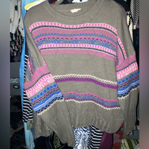 Easel Women's Taupe Sweater with Pink and Purple Stripes - Picture 2 of 7